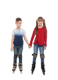 Photo of Boy and girl with inline roller skates on white background