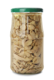 Photo of Glass jar with pickled mushrooms isolated on white