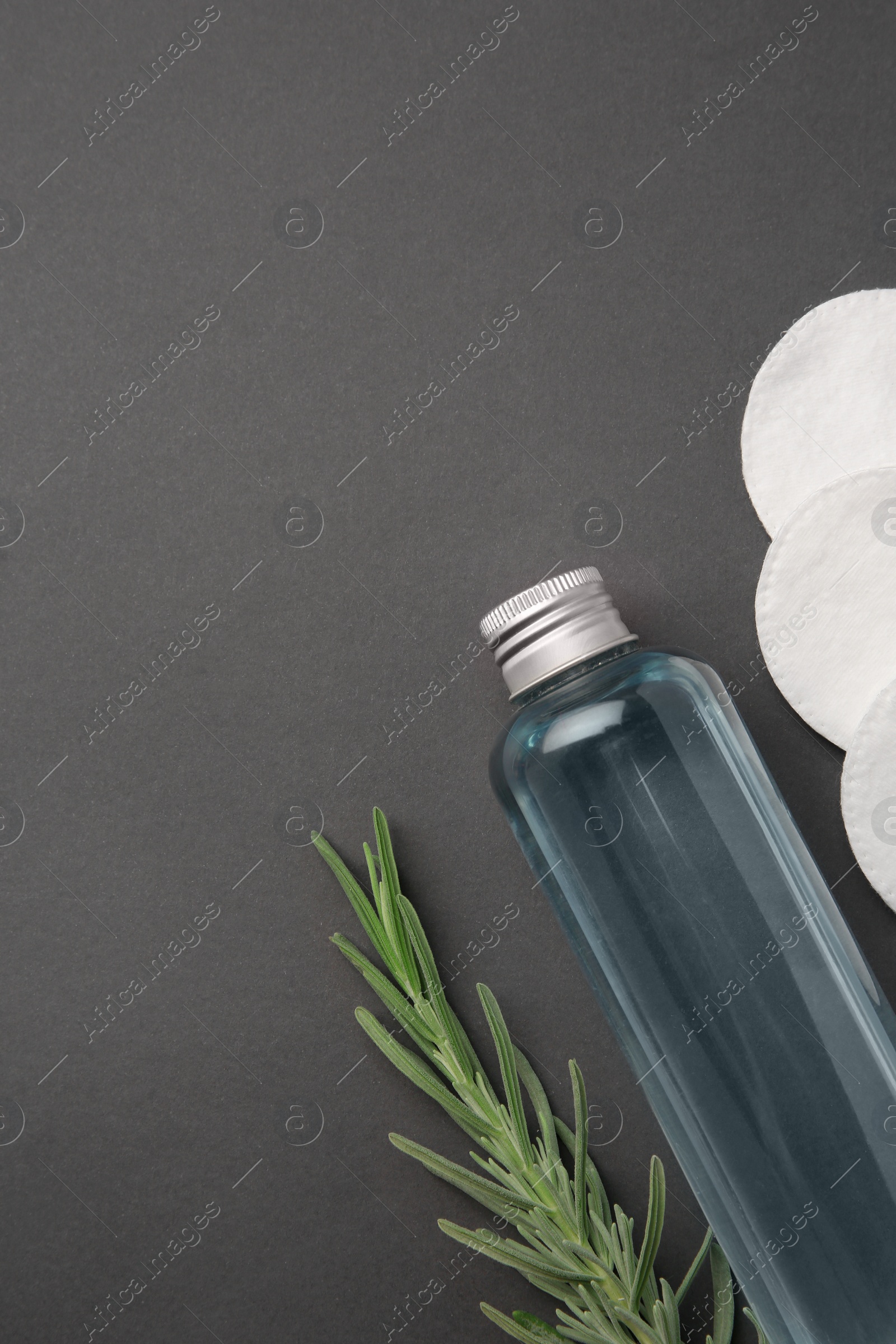 Photo of Bottle of makeup remover, cotton pads and rosemary on dark grey background, flat lay. Space for text
