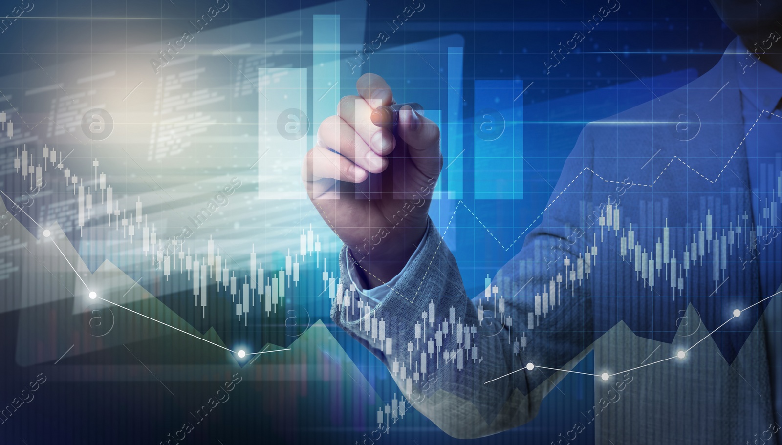 Image of Forex trading. Man using virtual screen, double exposure