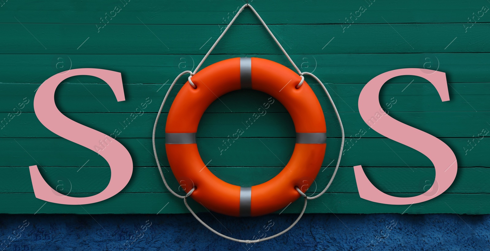 Image of SOS message made from lifebuoy and pink letters on green wooden board. Banner design