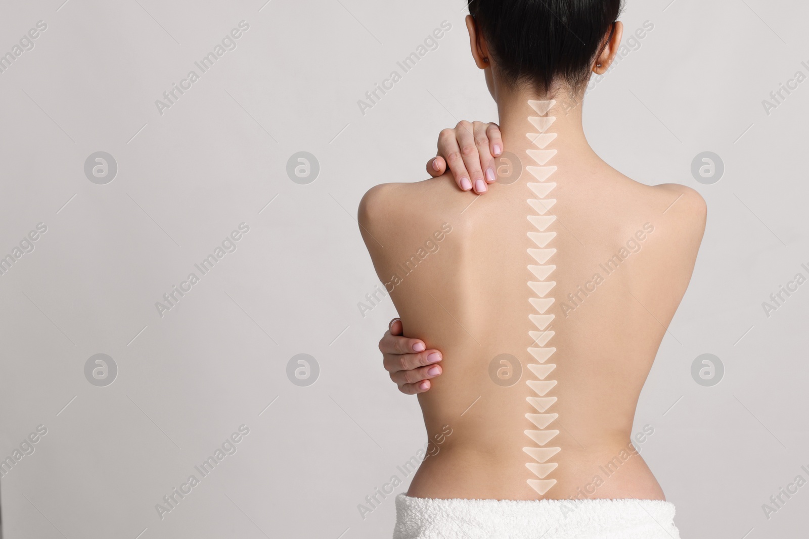 Image of Woman with healthy back on light background, space for text. Illustration of spine