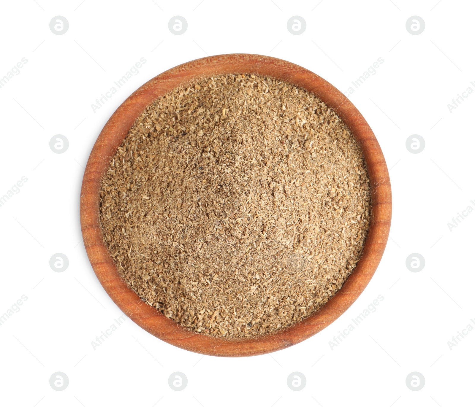 Photo of Wooden bowl with powdered coriander on white background, top view