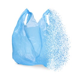 Blue disposable bag vanishing on white background. Plastic decomposition