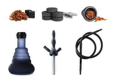 Modern hookah kit on white background, collage