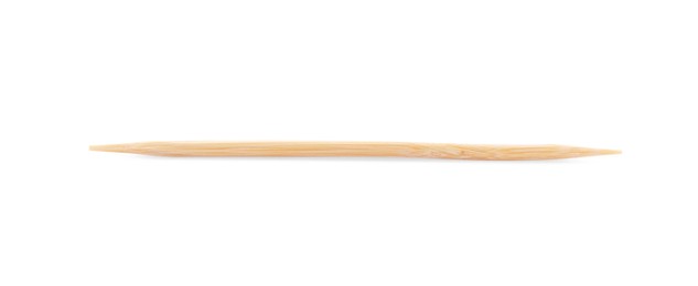 Photo of One disposable wooden toothpick on white background