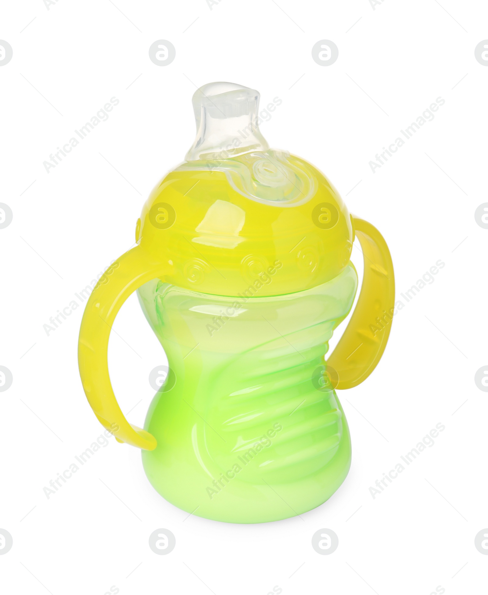 Photo of One feeding bottle with milk on white background