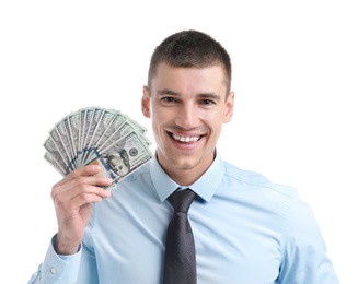 Photo of Handsome businessman with dollars on white background