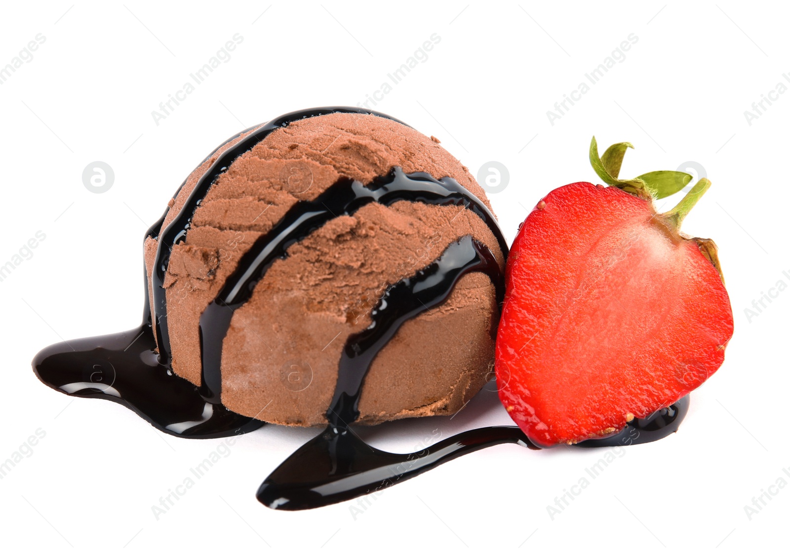 Photo of Scoop of chocolate ice cream with syrup and strawberry isolated on white