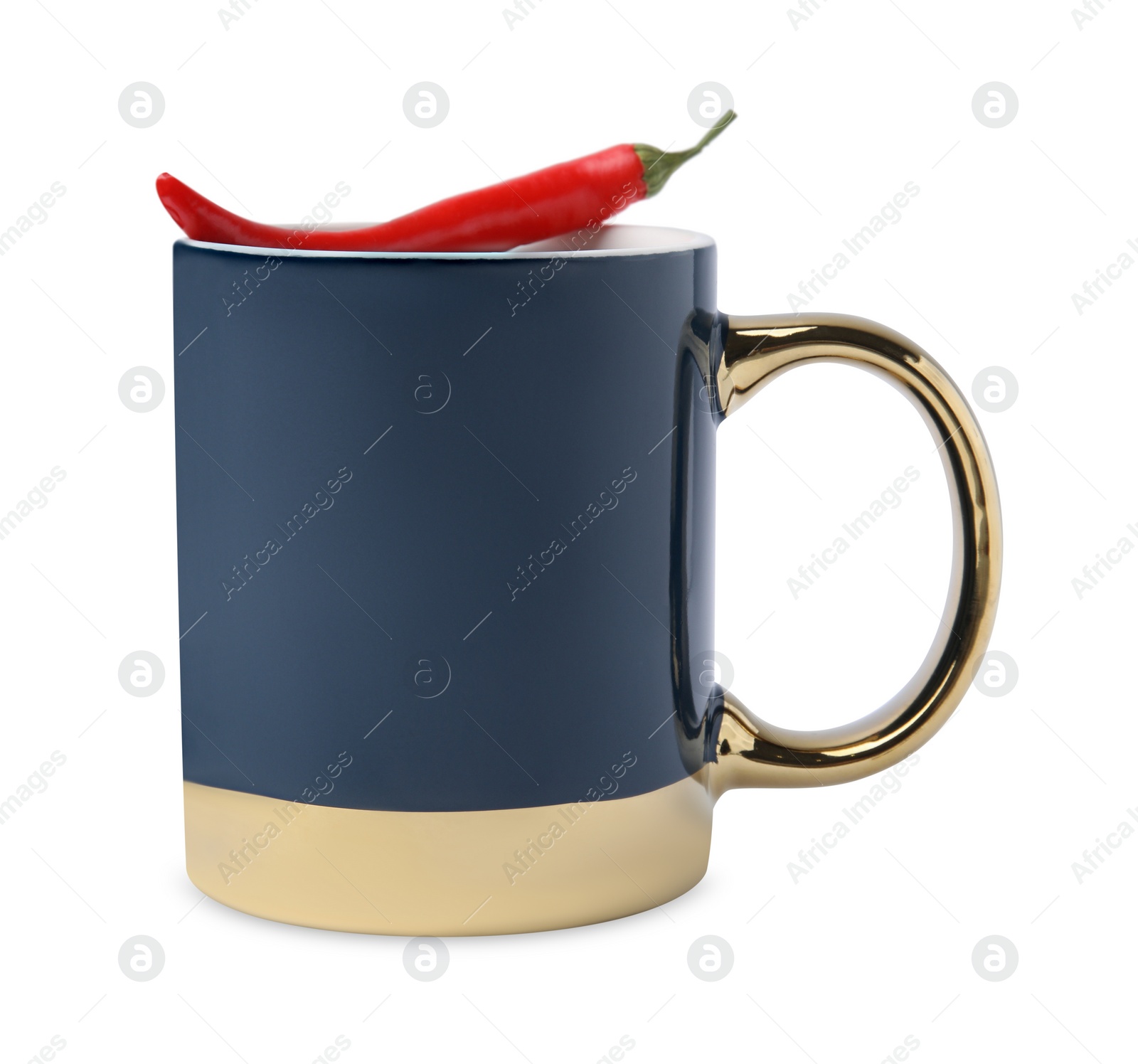 Photo of Cup of hot chocolate with chili pepper on white background