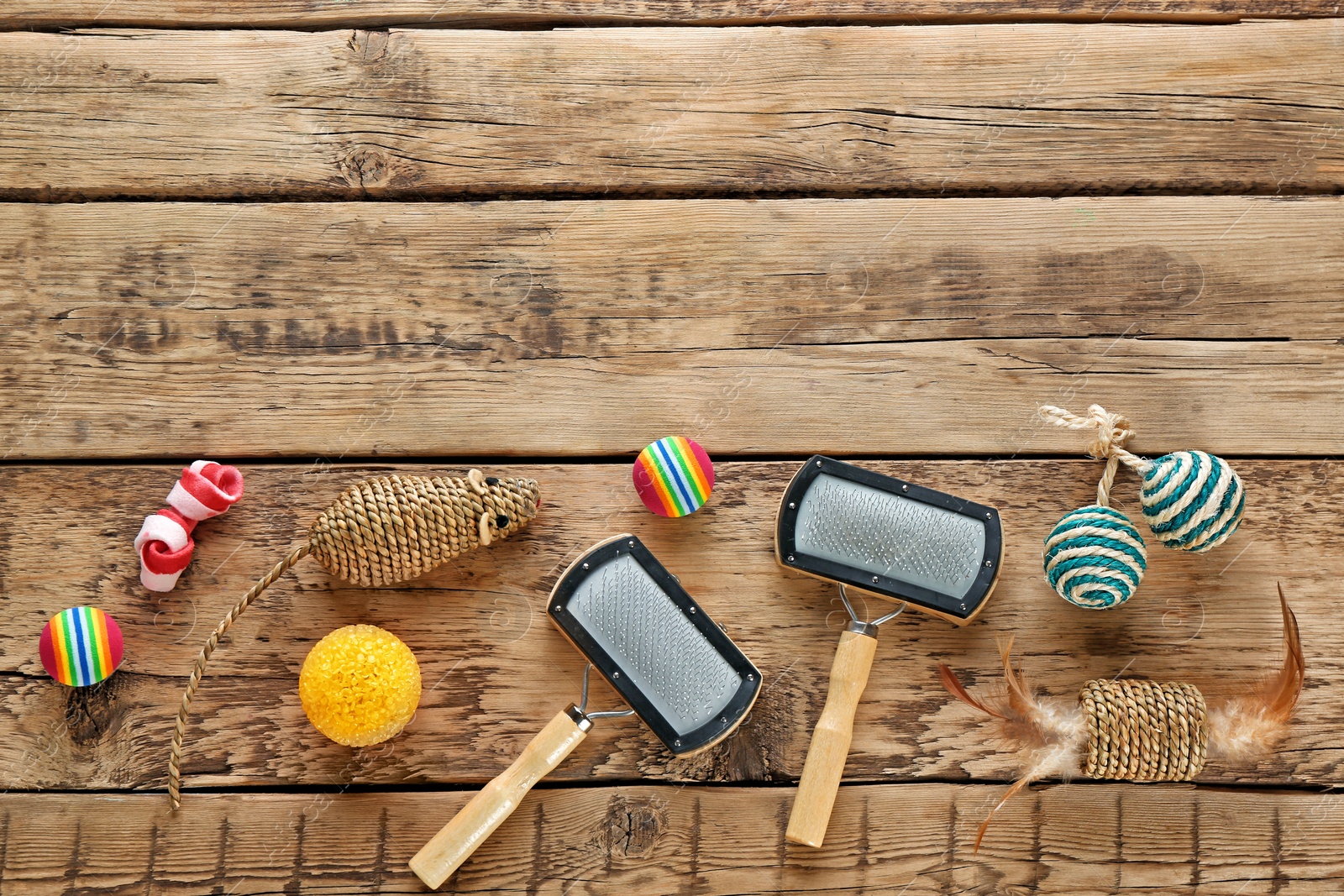 Photo of Cat's accessories on wooden background