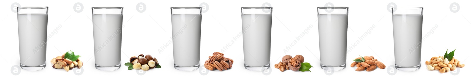 Image of Set with different types of vegan milk and nuts on white background. Banner design