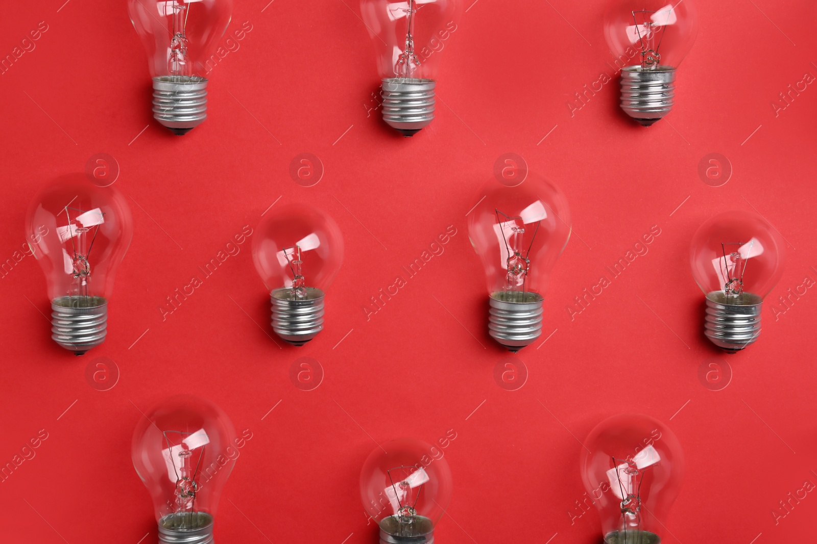 Photo of New incandescent lamp bulbs on red background, flat lay