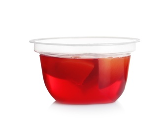 Photo of Plastic container with tasty jelly on white background