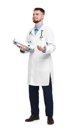 Doctor in coat with folders on white background
