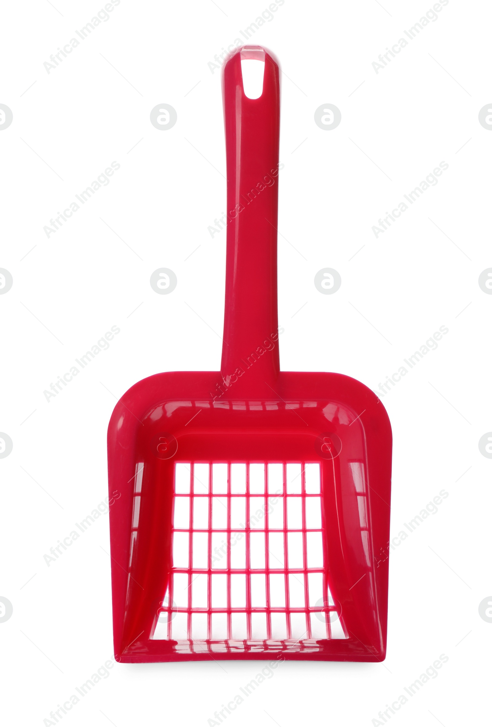 Photo of Red plastic scoop for cat litter isolated on white