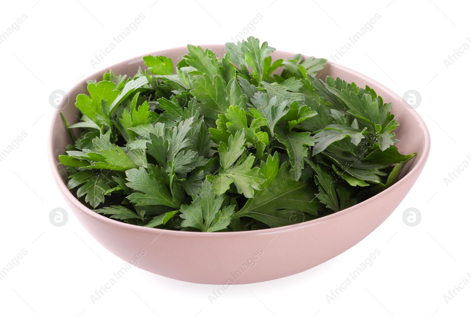 Photo of Fresh green parsley in bowl isolated on white