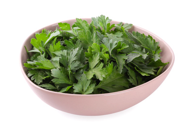 Photo of Fresh green parsley in bowl isolated on white