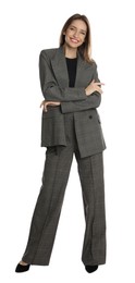 Full length portrait of beautiful young woman in fashionable suit on white background. Business attire