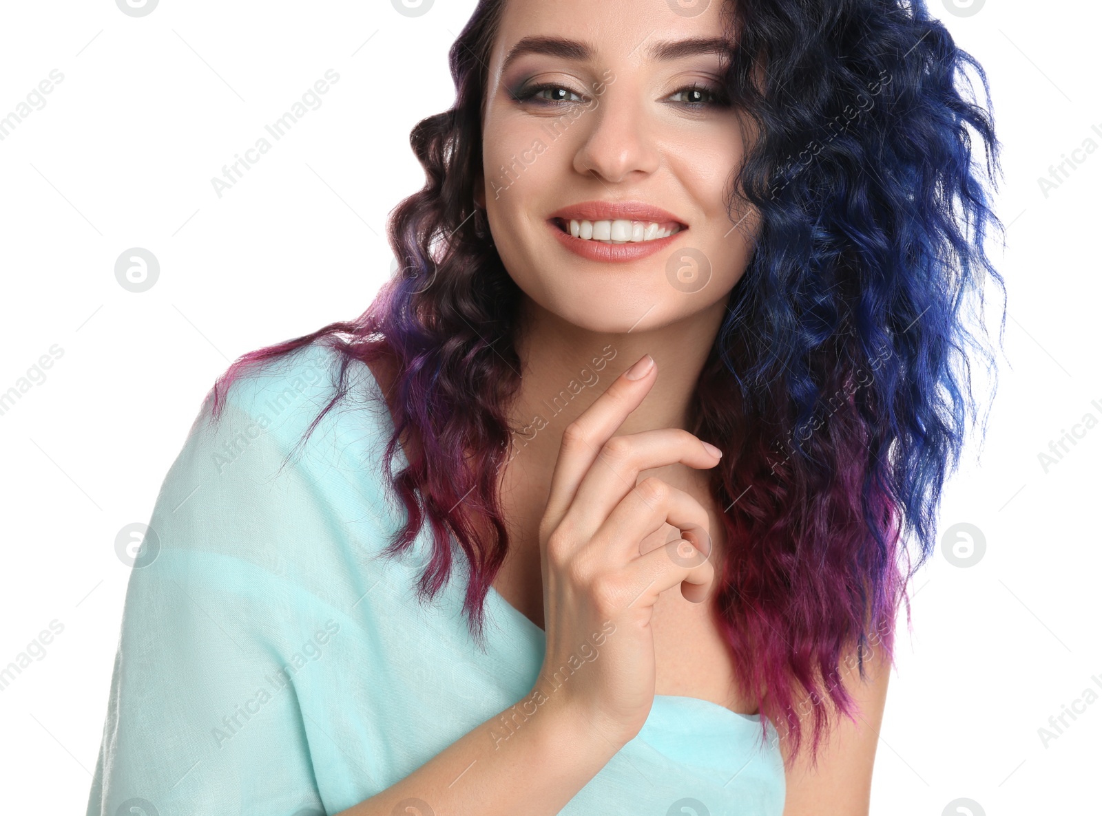 Photo of Young woman with bright dyed hair on white background