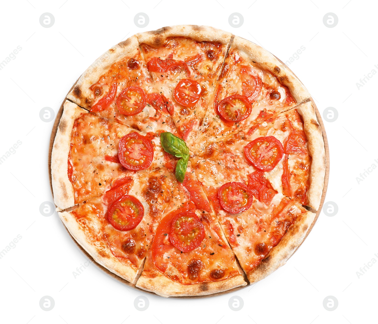 Photo of Delicious hot pizza Margherita isolated on white, top view