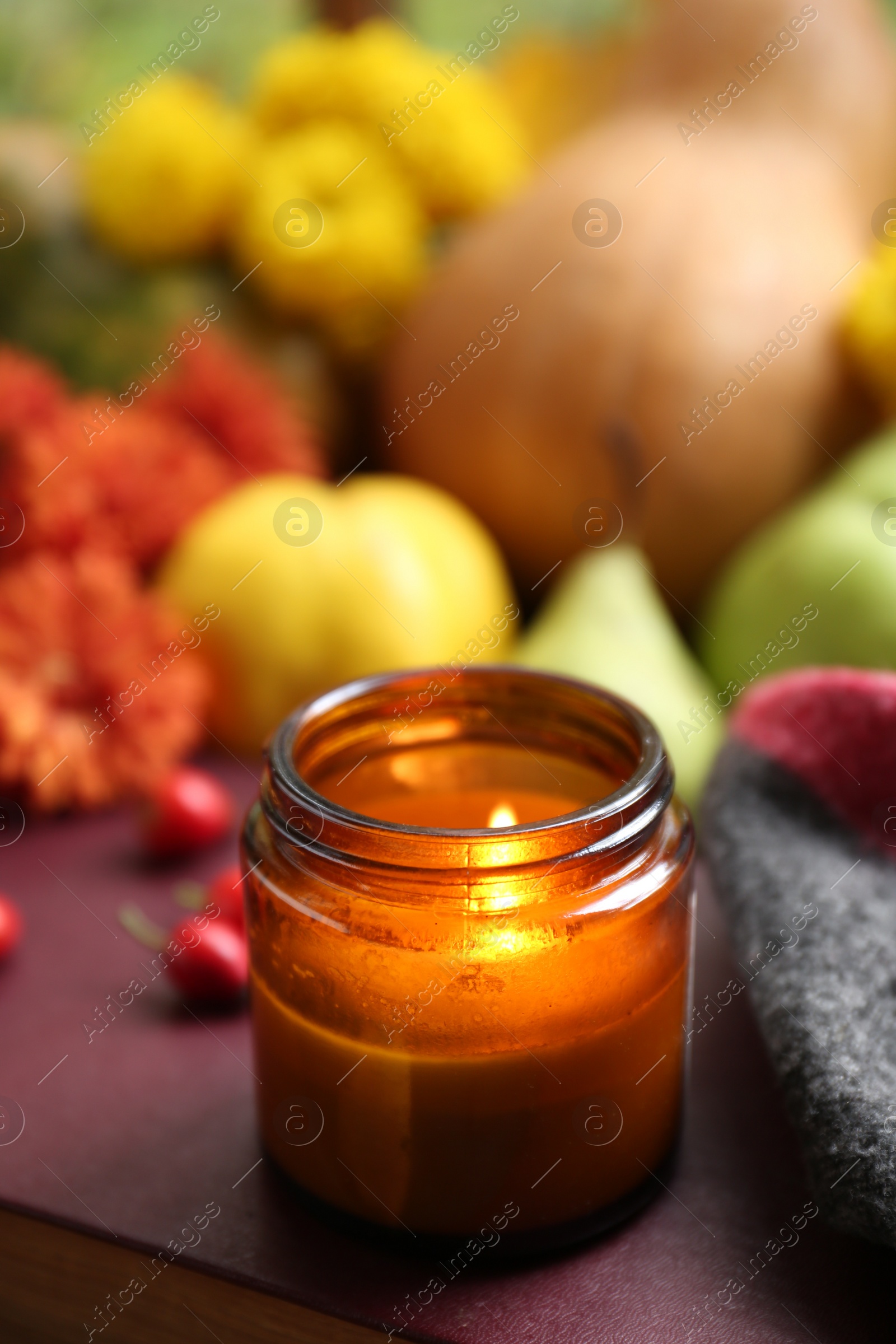 Photo of Burning scented candle on book, closeup with space for text. Autumn season
