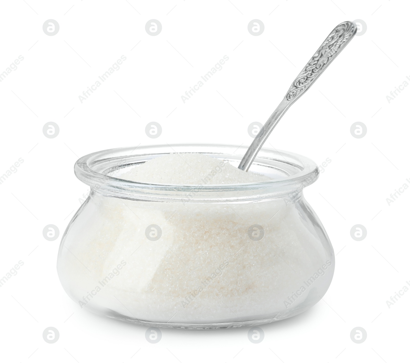 Photo of Glass bowl with sugar isolated on white