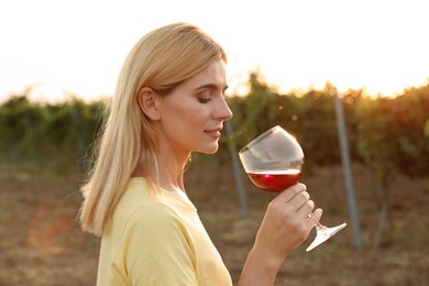Photo of Young beautiful woman enjoying wine at vineyard on sunny day