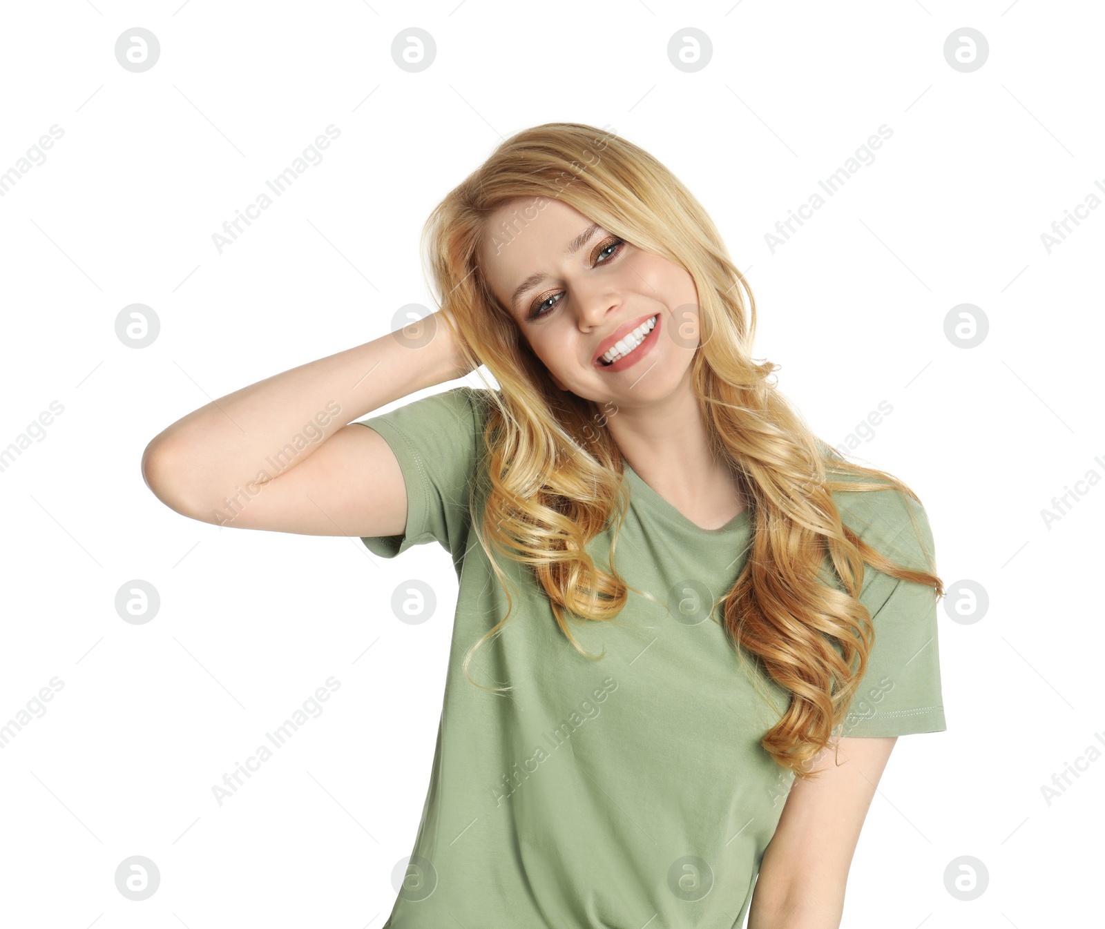 Photo of Portrait of beautiful young woman with dyed long hair on white background