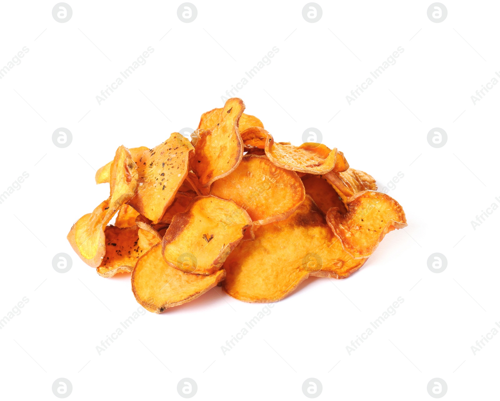 Photo of Pile of sweet potato chips isolated on white