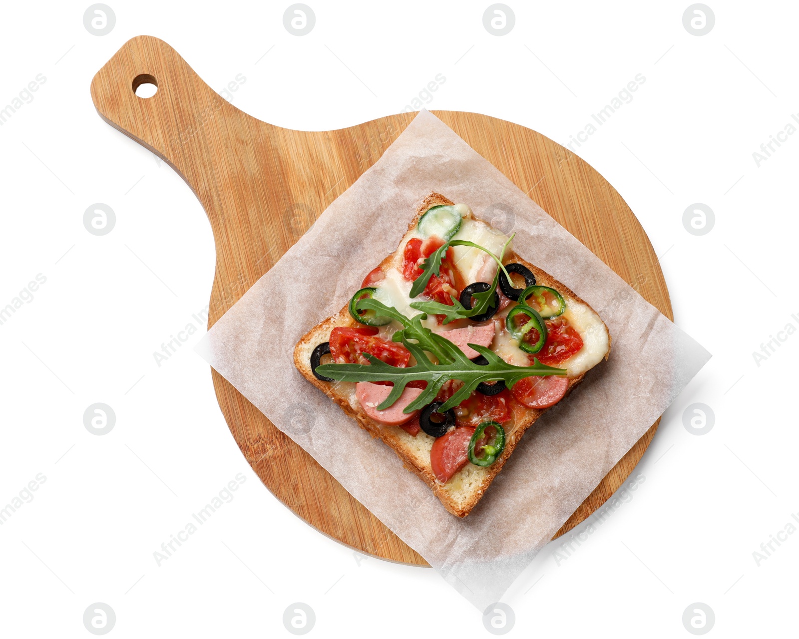 Photo of Tasty pizza toast and wooden board isolated on white, top view
