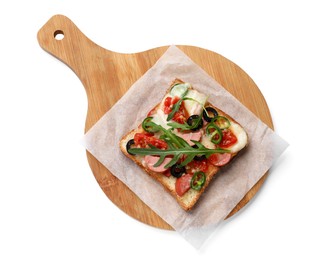 Photo of Tasty pizza toast and wooden board isolated on white, top view