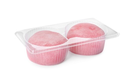 Photo of Delicious mochi in plastic tray on white background. Traditional Japanese dessert