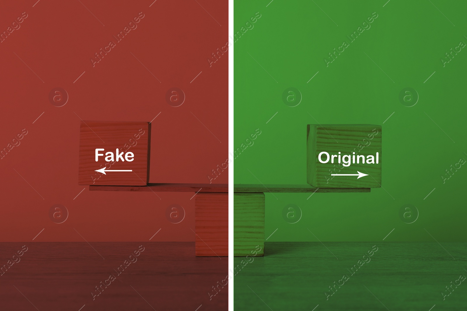 Image of Wooden cubes with words Fake and Original on plank against color background. Plagiarism concept