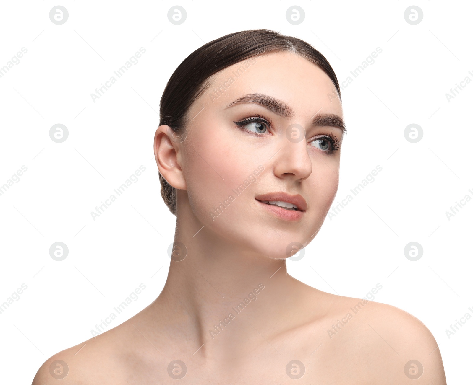 Photo of Makeup product. Woman with black eyeliner and beautiful eyebrows on white background