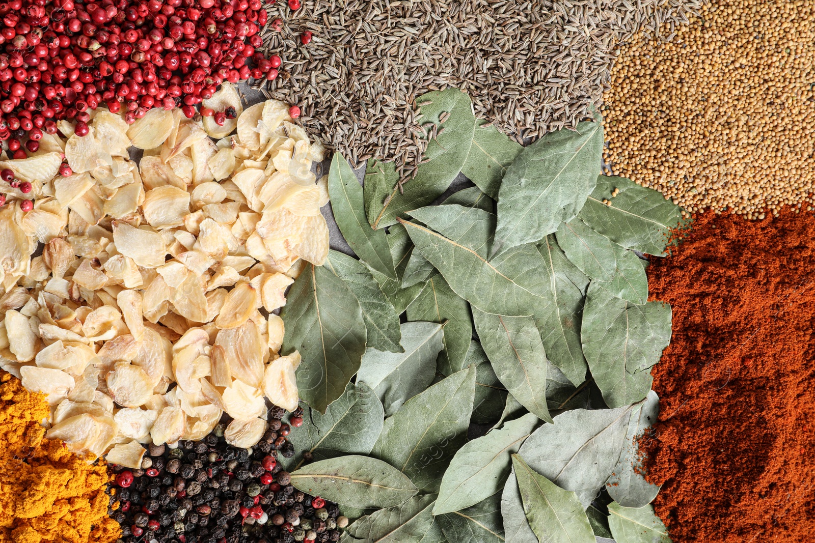 Photo of Many different spices as background, top view