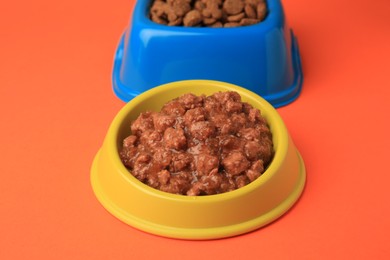 Photo of Dry and wet pet food in feeding bowls on orange background