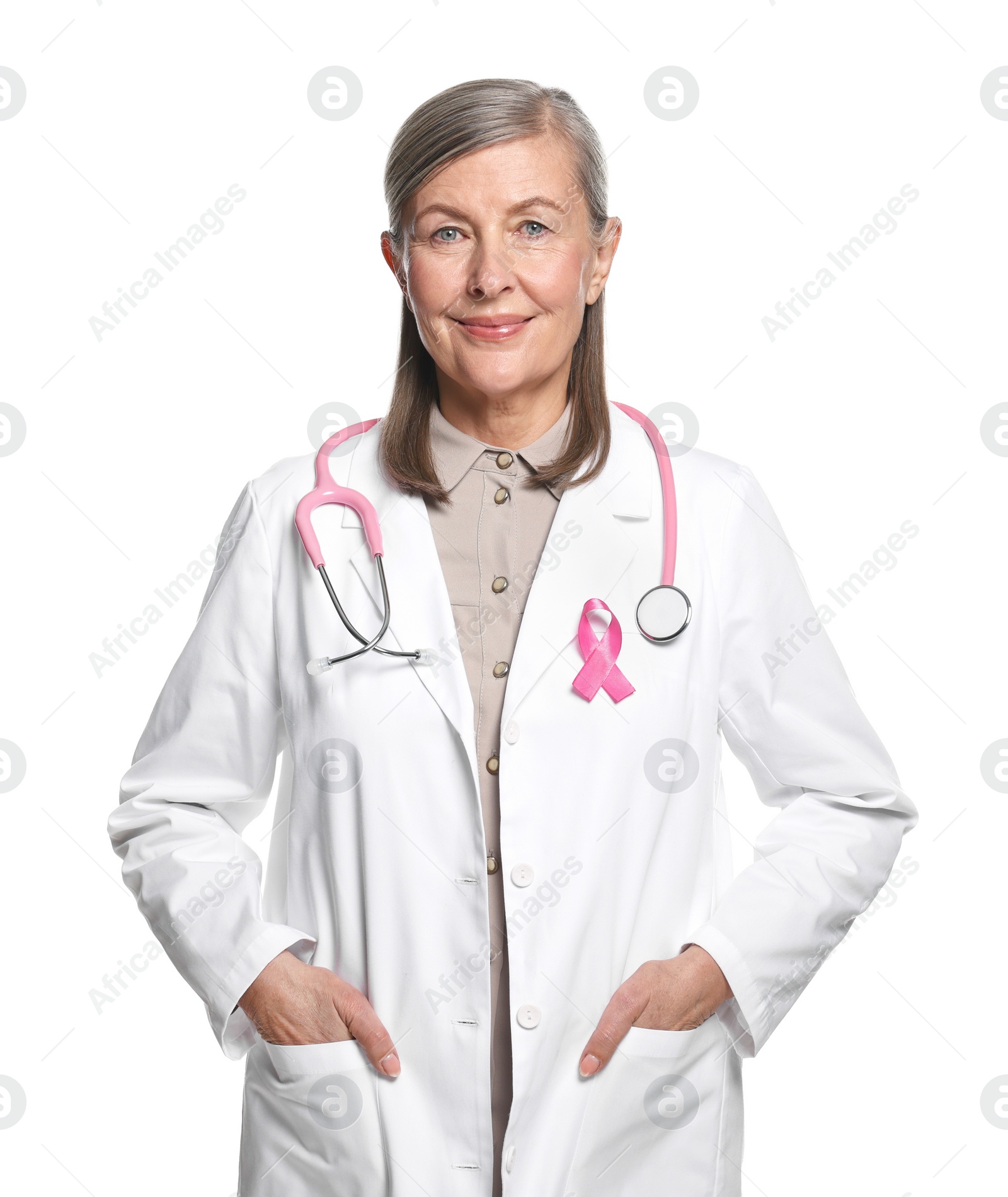 Photo of Mammologist with pink ribbon on white background. Breast cancer awareness