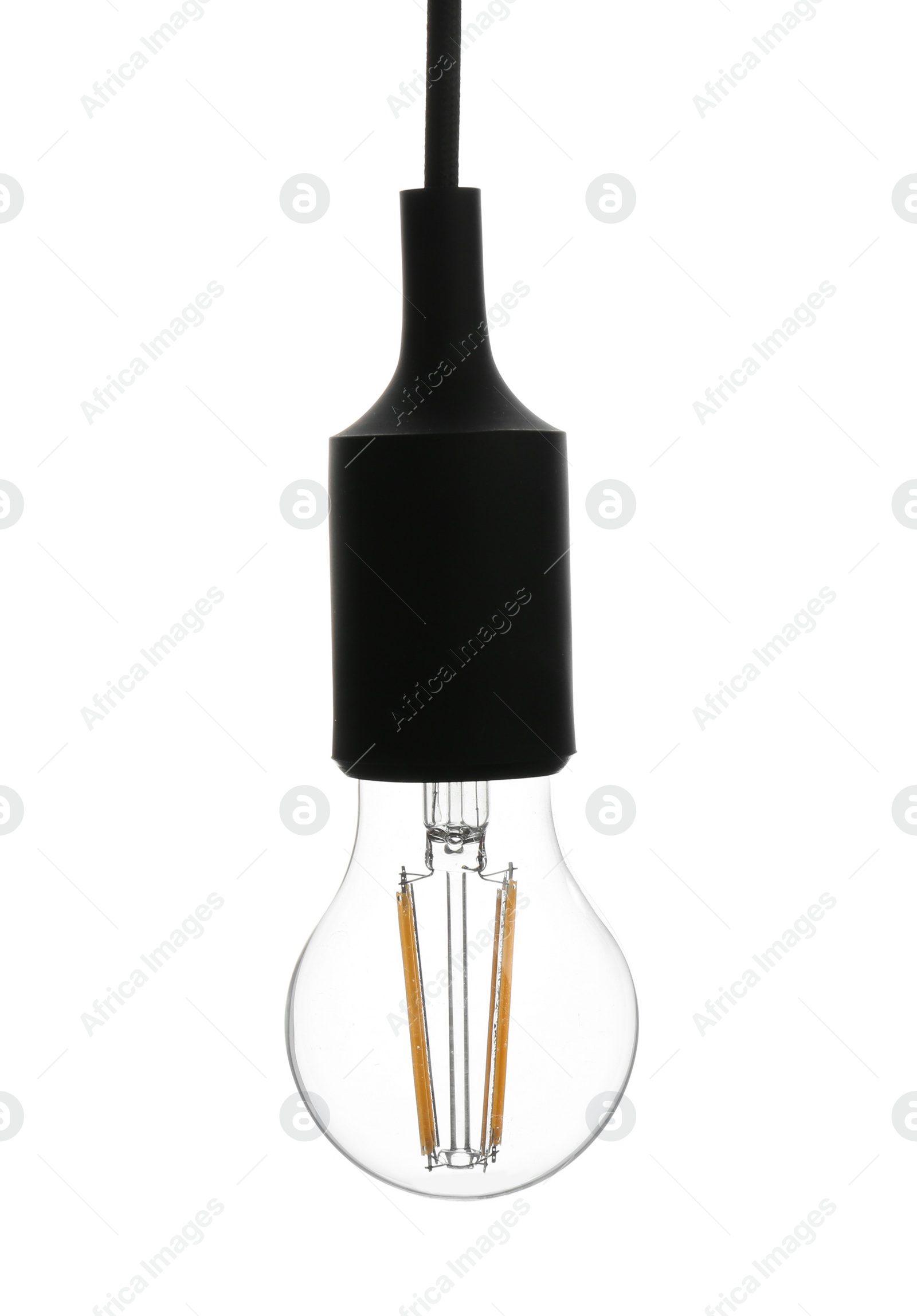 Photo of Hanging incandescent light bulb on white background. Modern lamp