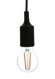 Photo of Hanging incandescent light bulb on white background. Modern lamp