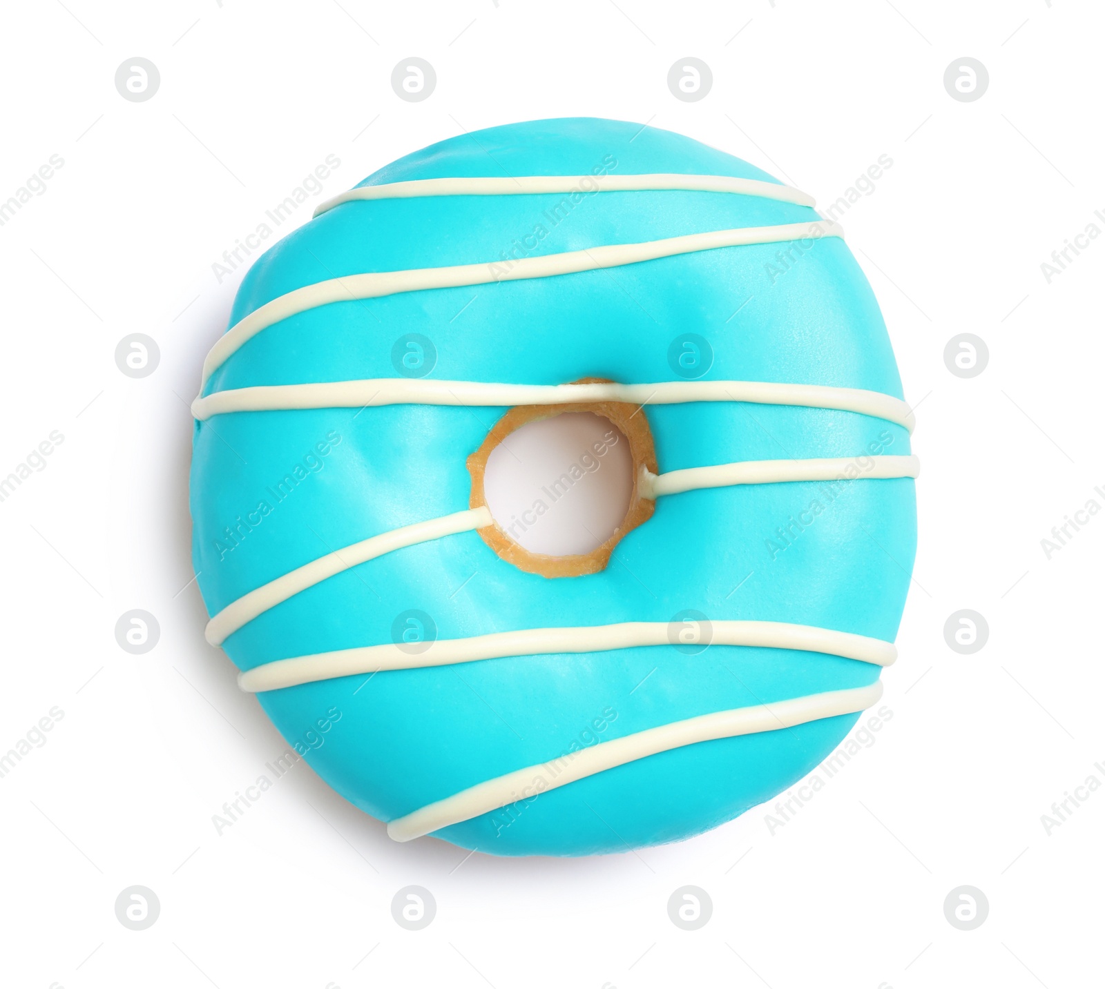 Photo of Sweet delicious glazed donut on white background, top view