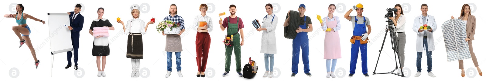 Image of Collage with people of different professions on white background. Banner design