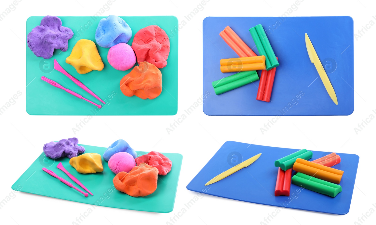 Image of Board with plasticine and tools on white background, collage