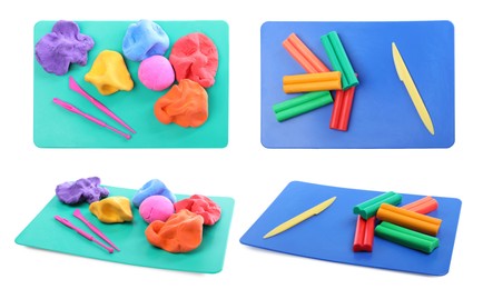 Image of Board with plasticine and tools on white background, collage