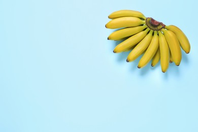 Photo of Bunch of ripe baby bananas on light blue background, top view. Space for text