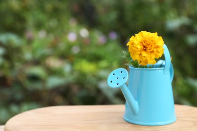 Beautiful marigold in watering can on wooden table outdoors, space for text