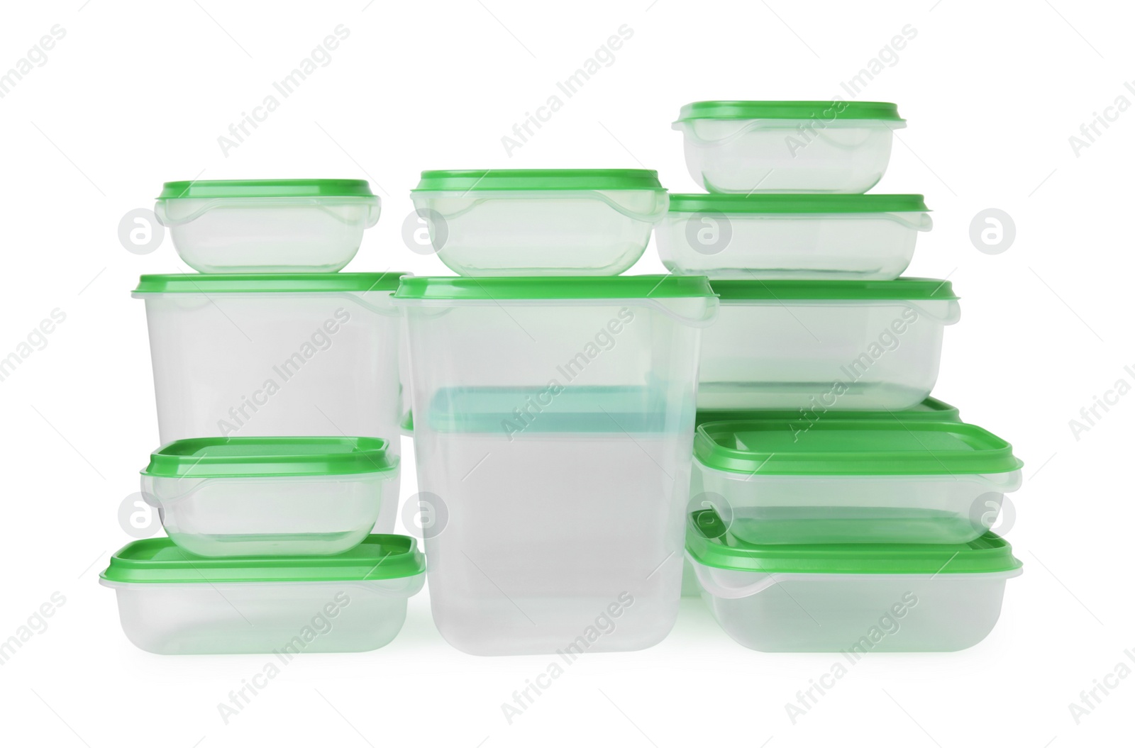 Photo of Empty plastic containers on white background. Food storage