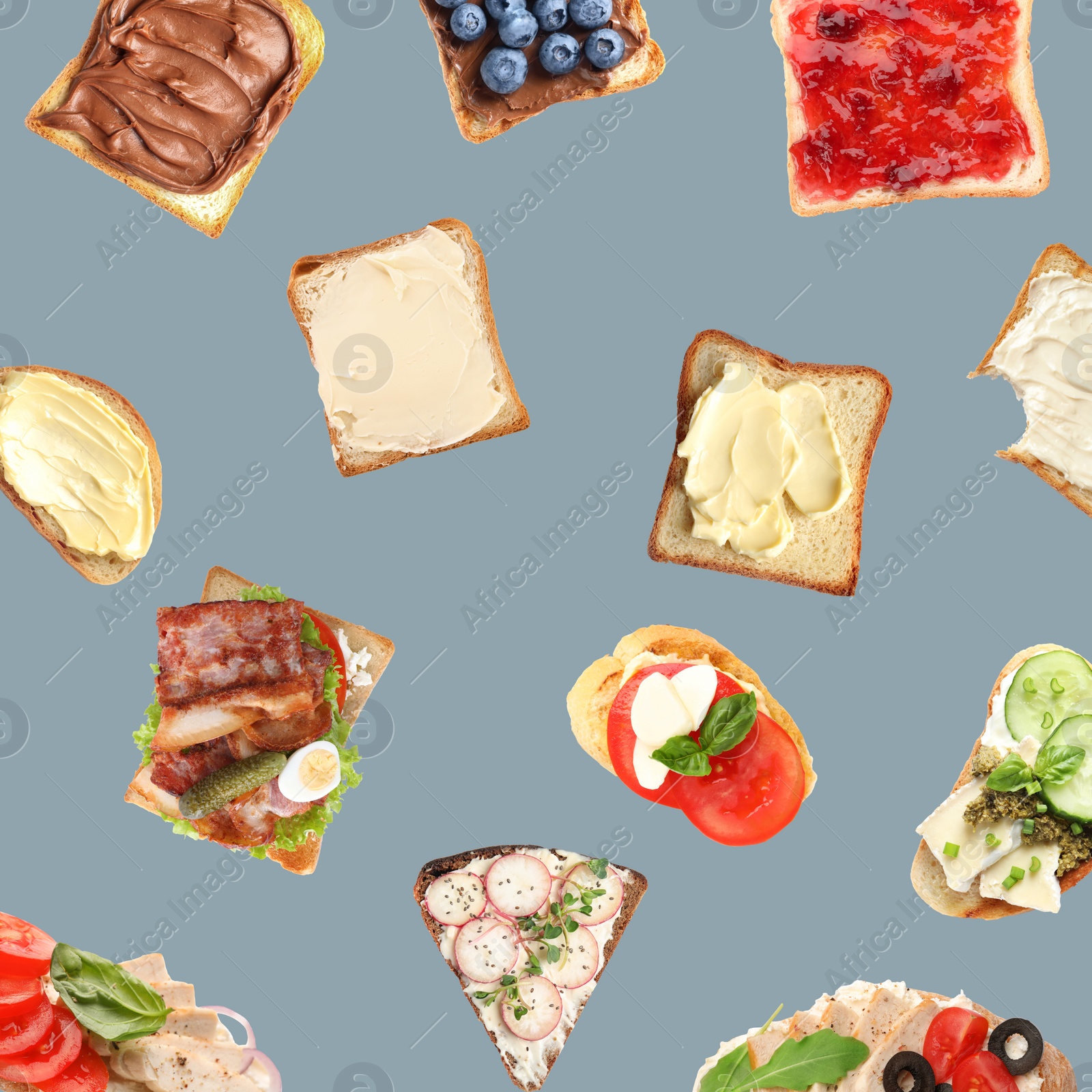 Image of Set of delicious toasted bread with different toppings on grey background, top view