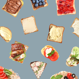 Image of Set of delicious toasted bread with different toppings on grey background, top view