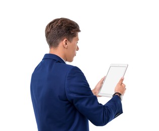 Photo of Man holding tablet with blank screen on white background